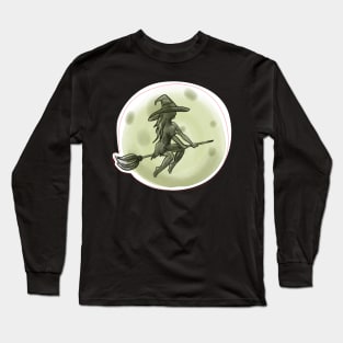 Halloween Witch flying broom in front Long Sleeve T-Shirt